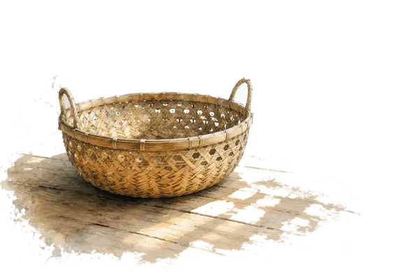 A watercolour of a craftsman weaving a bamboo doko basket, the load it will carry already decided by how tightly each strand is placed