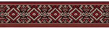A watercolour of a woven dhaka band in red, black and white, the pattern counted thread by thread
