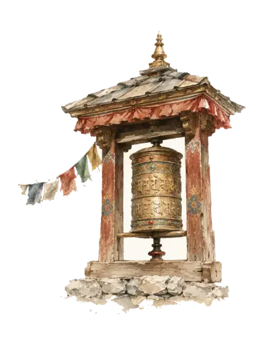 A watercolour of a row of engraved copper prayer wheels, worn bright by the hands that turn them each day
