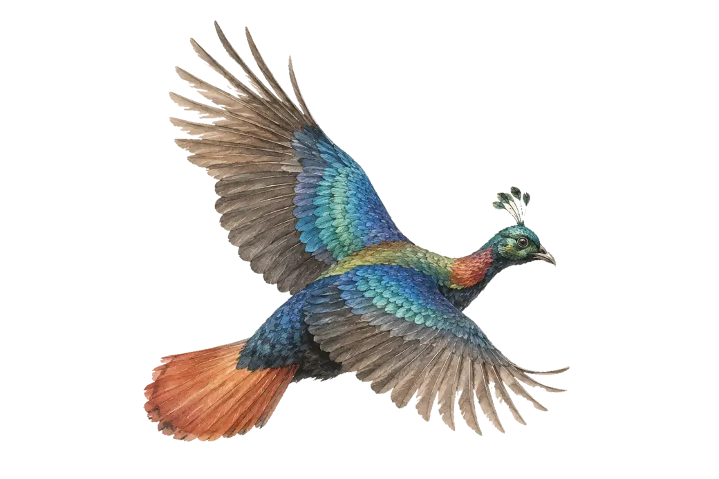 A danphe, the Himalayan monal, in flight with its wings spread