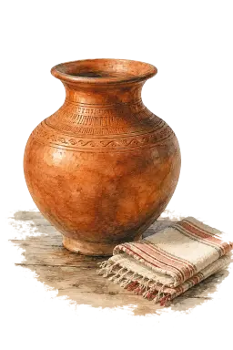 A watercolour of a terracotta water pot beside folded dhaka cloth