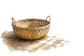 A watercolour of a handwoven bamboo basket