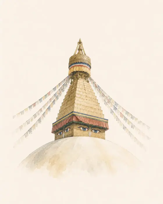 The painted eyes of Boudhanath stupa beneath prayer flags