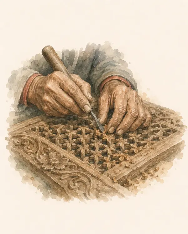 The hands of a Newari woodcarver shaping an intricate lattice panel