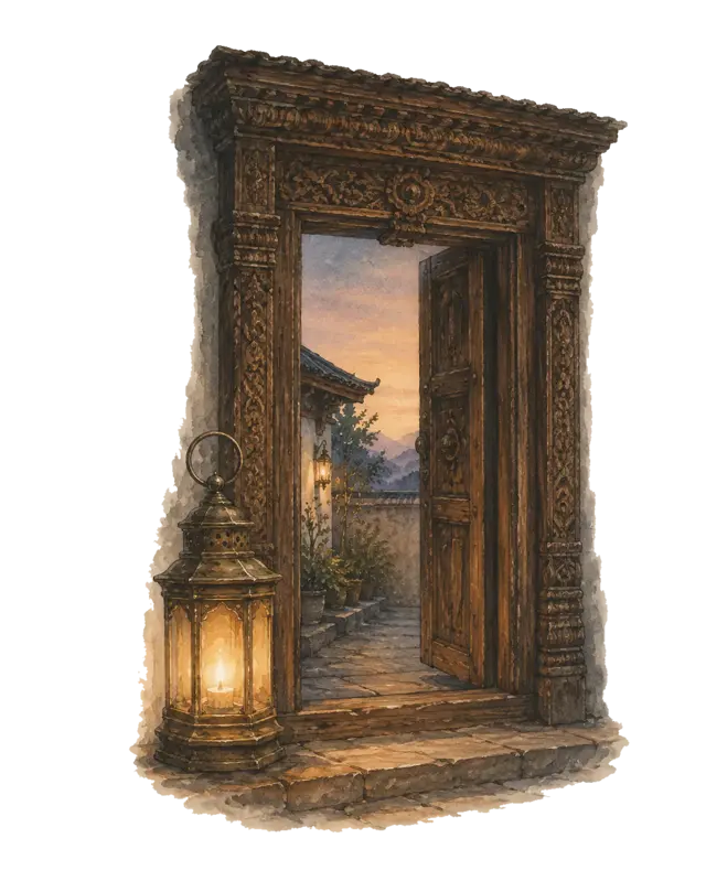 A brass lantern glowing beside an open, carved wooden doorway at dusk, an invitation inward