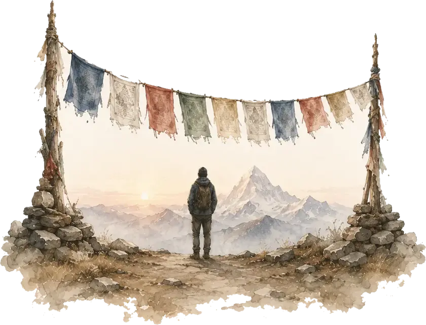 A watercolour of an open handmade journal resting on a stone beside a trail, a lantern and prayer flags behind it