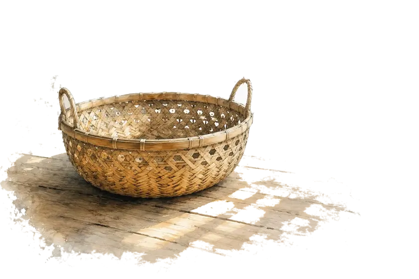 A watercolour of a craftsman weaving a bamboo doko basket, the load it will carry already decided by how tightly each strand is placed