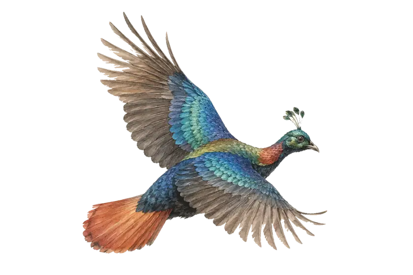 A watercolour of a danphe, the Himalayan monal, in full flight with its iridescent wings outstretched