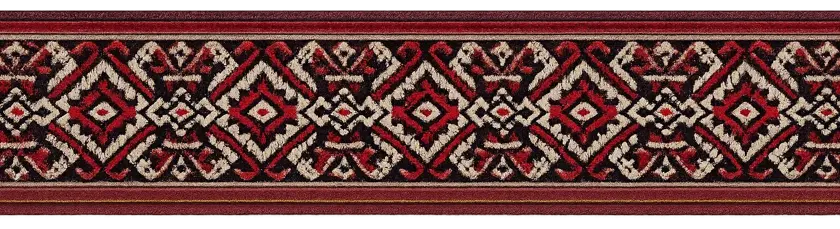 A watercolour of a woven dhaka band in red, black and white, the pattern counted thread by thread