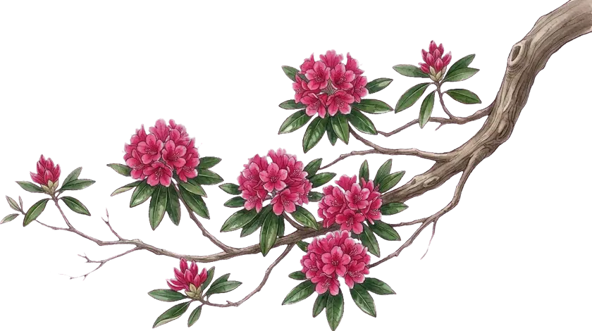 A rhododendron branch in full bloom, heavy with clusters of red laligurans flowers