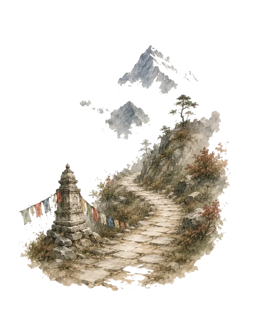 A watercolor of a stone Himalayan footpath winding past a small stupa and prayer flags toward a misty snow peak