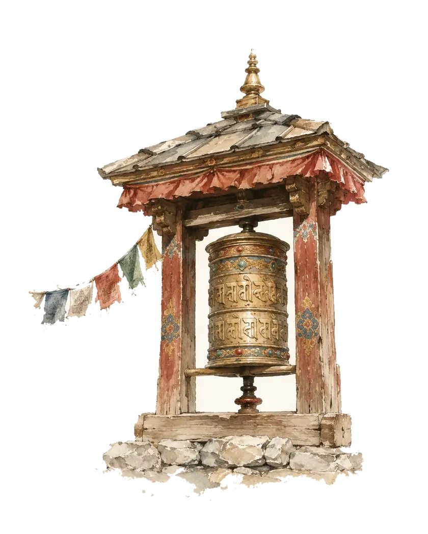 A watercolour of a row of engraved copper prayer wheels, worn bright by the hands that turn them each day