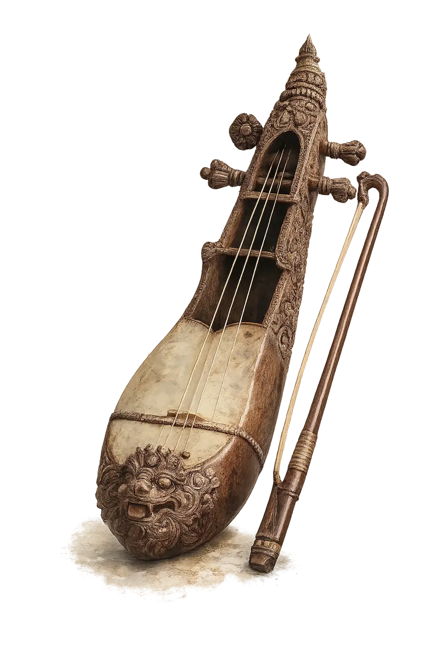 A hand-carved Nepali sarangi and bow, the folk fiddle of wandering Gandharba minstrels who carried stories from valley to valley