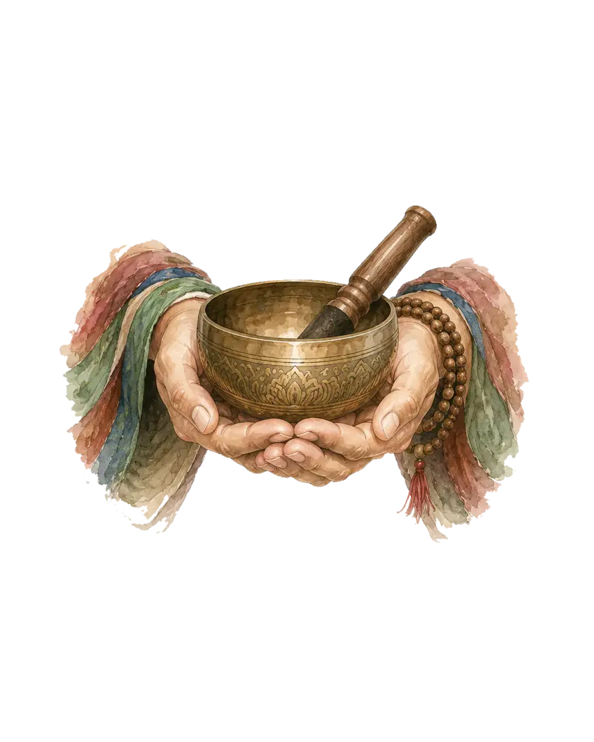 A brass singing bowl and mala beads held in cupped hands