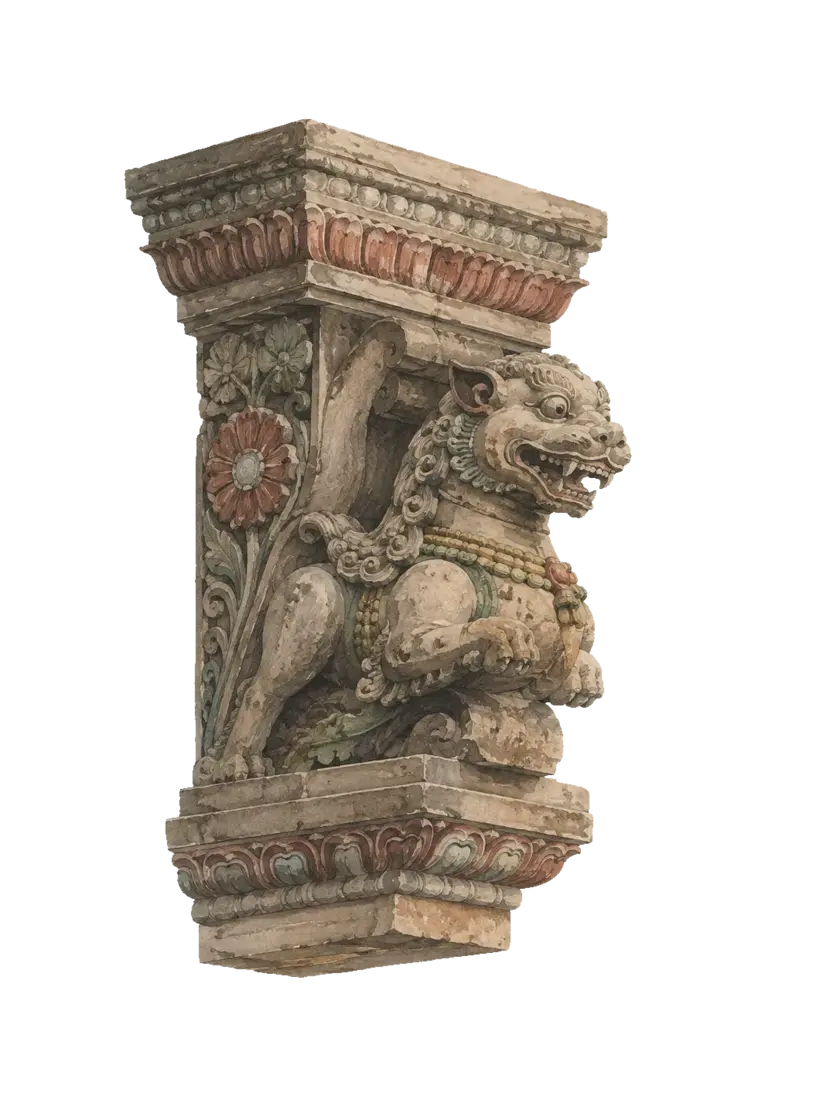A carved stone temple corbel, a guardian lion bracket