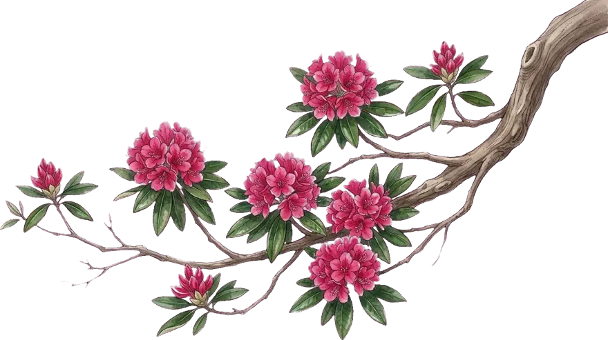 A rhododendron branch in full bloom, heavy with clusters of red laligurans flowers