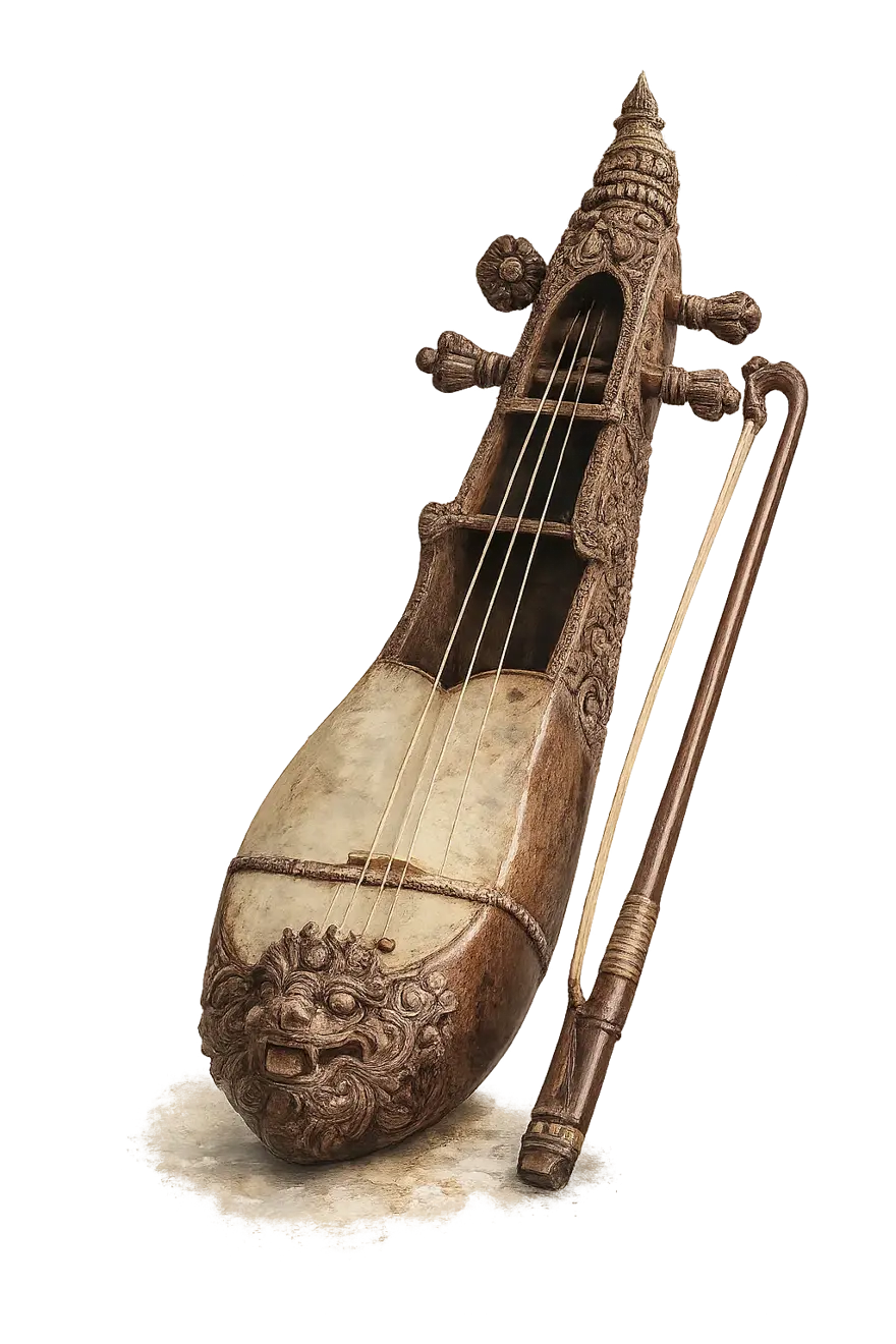 A hand-carved Nepali sarangi and bow, the folk fiddle of wandering Gandharba minstrels who carried stories from valley to valley