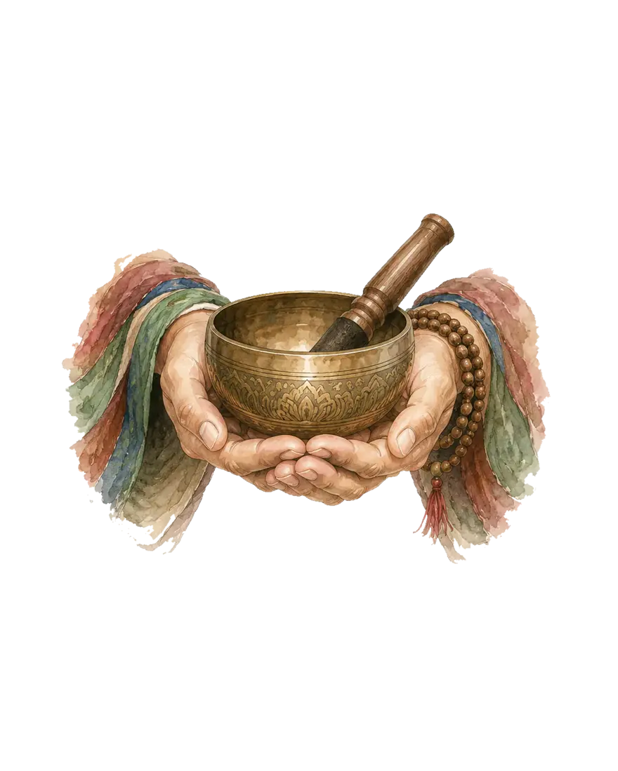 A brass singing bowl and mala beads held in cupped hands