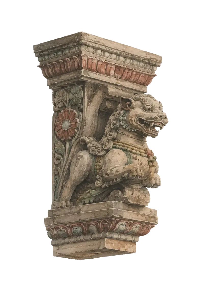 A carved stone temple corbel, a guardian lion bracket