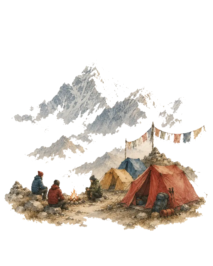 A small crew resting at a Himalayan basecamp with tents, a campfire, and prayer flags beneath misty peaks