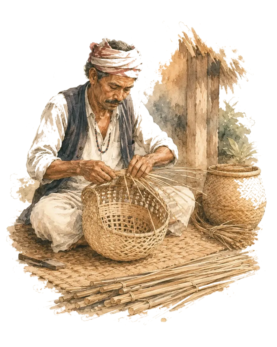 A watercolour of a craftsman weaving a bamboo doko basket