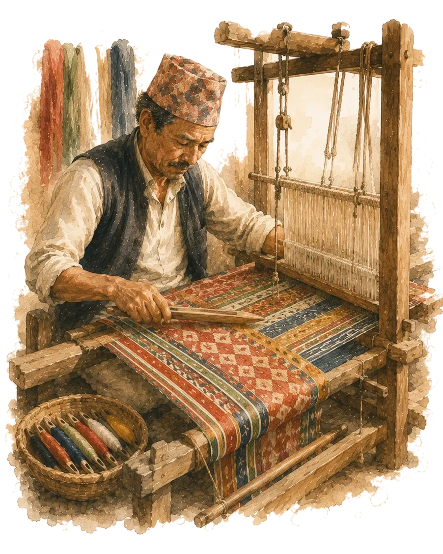 A watercolour of a Nepali weaver at a wooden loom working a dhaka textile