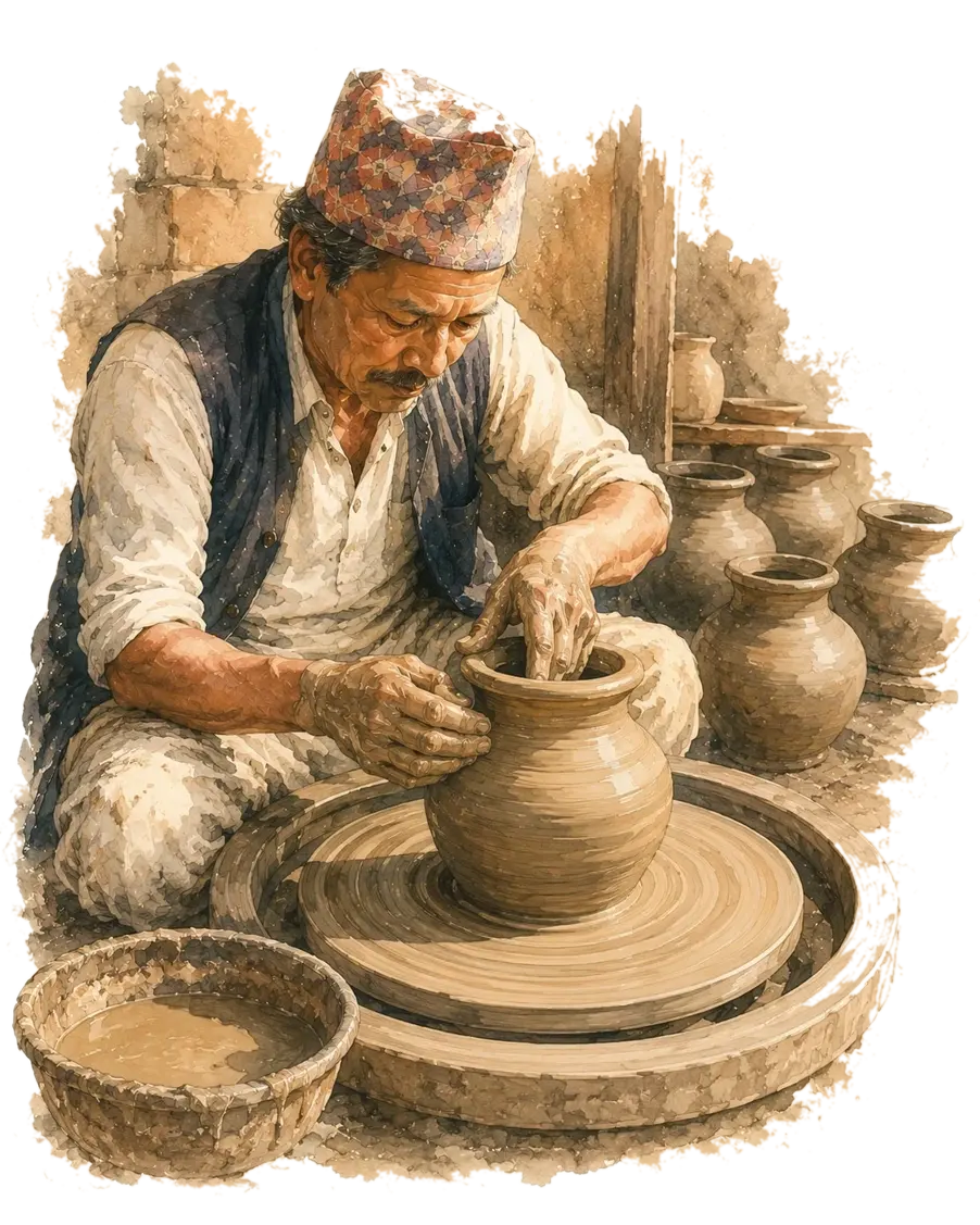 A watercolour of a Nepali potter shaping a clay pot on the wheel