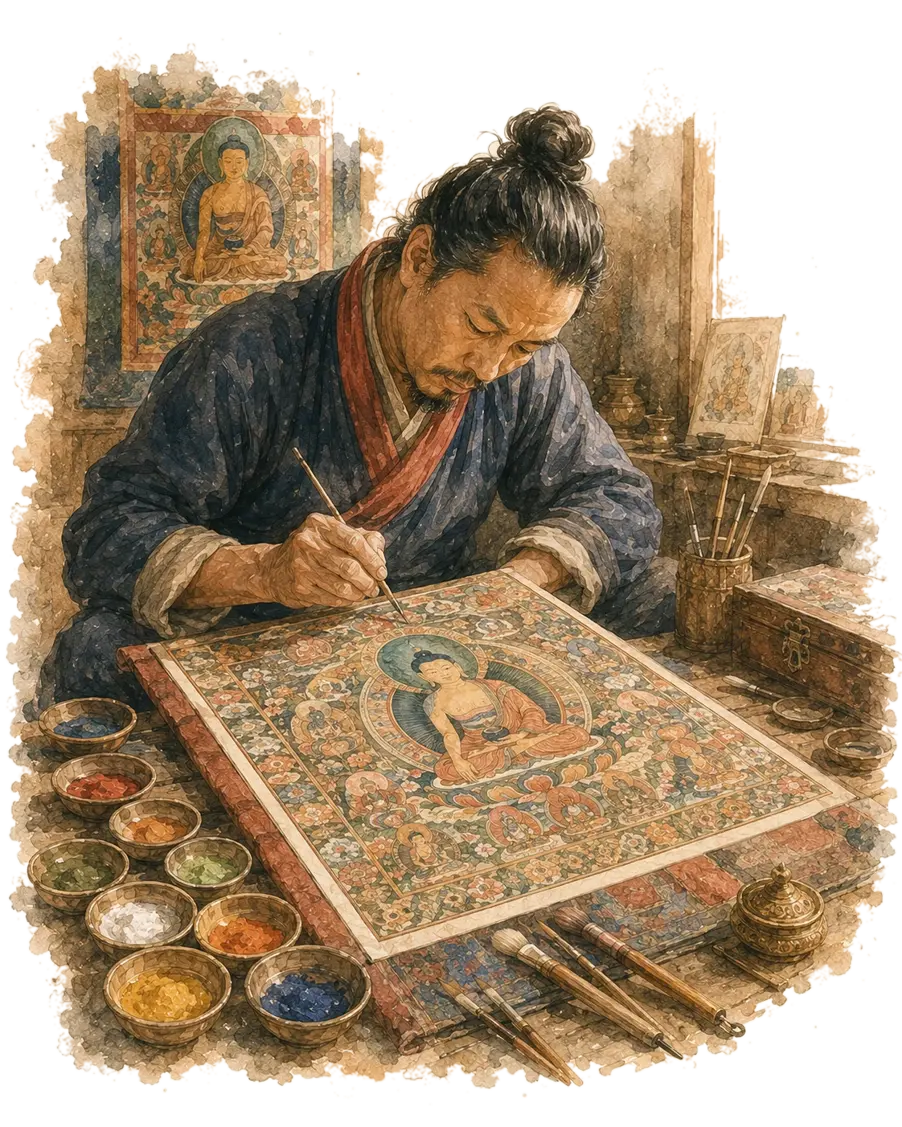 A watercolour of a Nepali thangka painter working on a Buddhist scroll