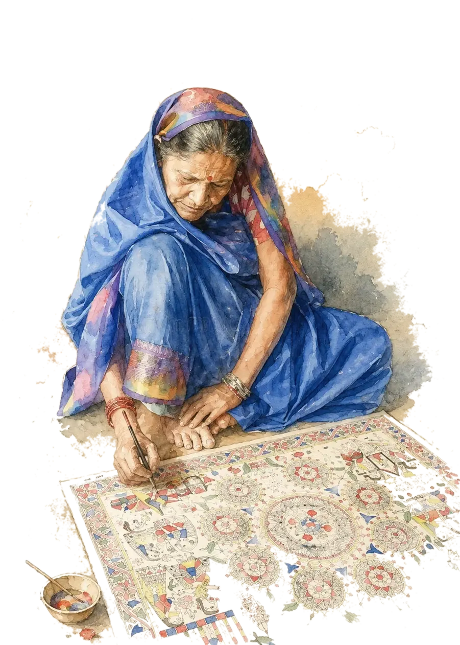 A watercolour of a woman painting traditional Mithila folk art