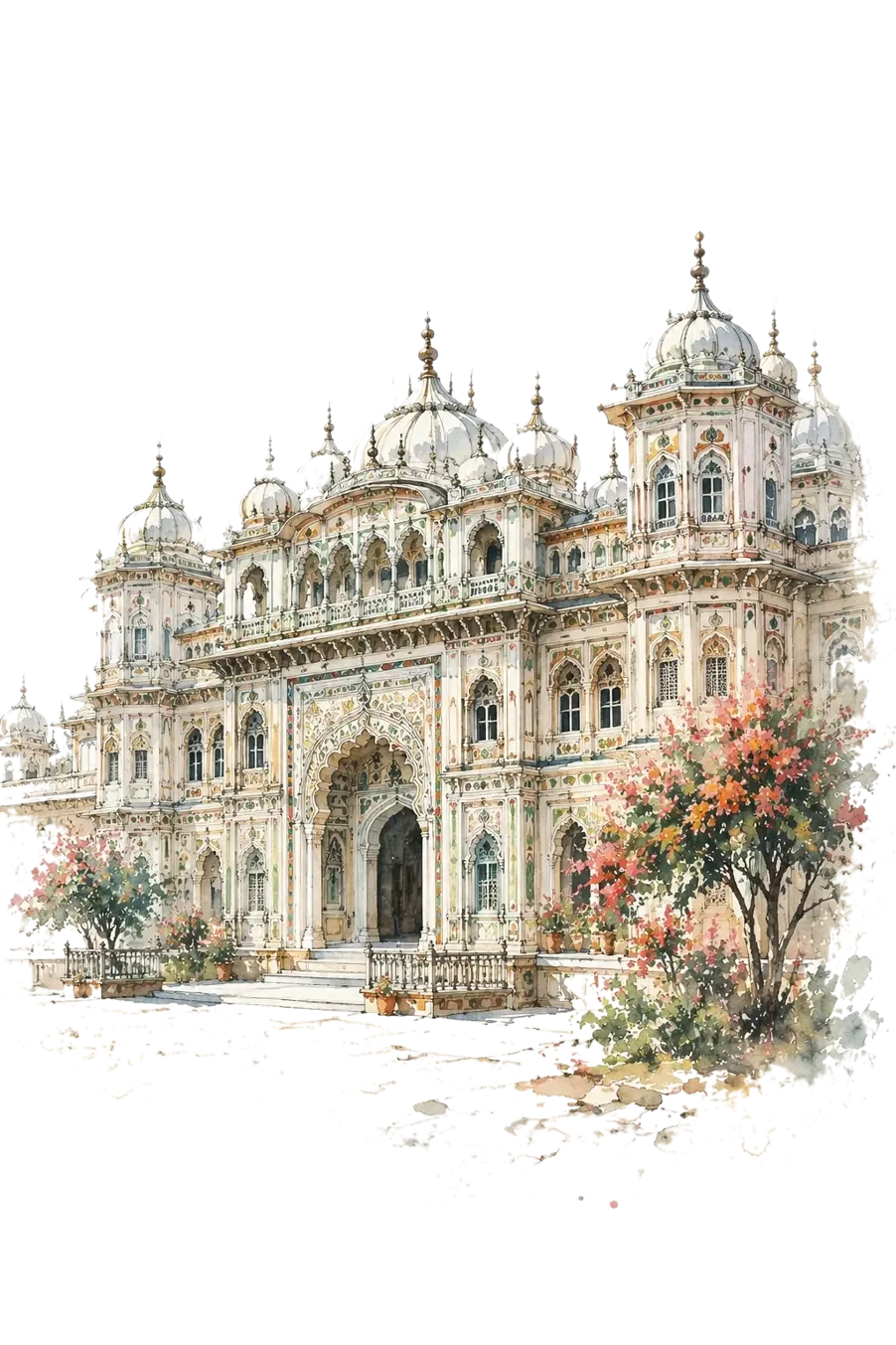 A watercolour of the ornate Janaki Mandir temple in Janakpur