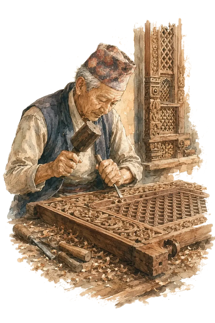 A watercolour of a Newari woodcarver chiselling an intricate lattice window