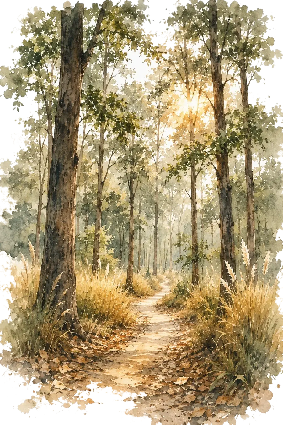 A watercolour of a sunlit path through a Terai sal forest