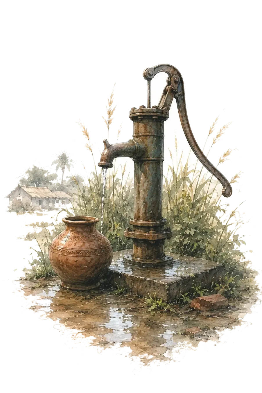 A watercolour of a village hand-pump and clay water pot on the Terai plains
