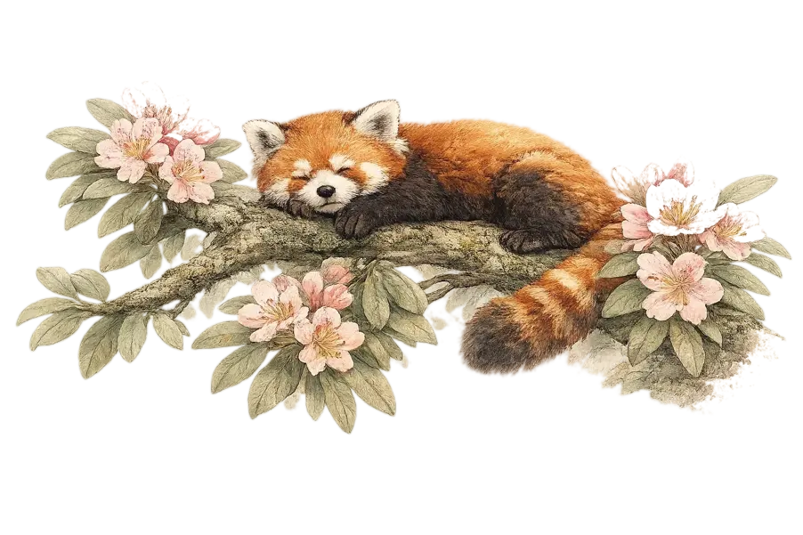A watercolour of a red panda asleep on a rhododendron branch