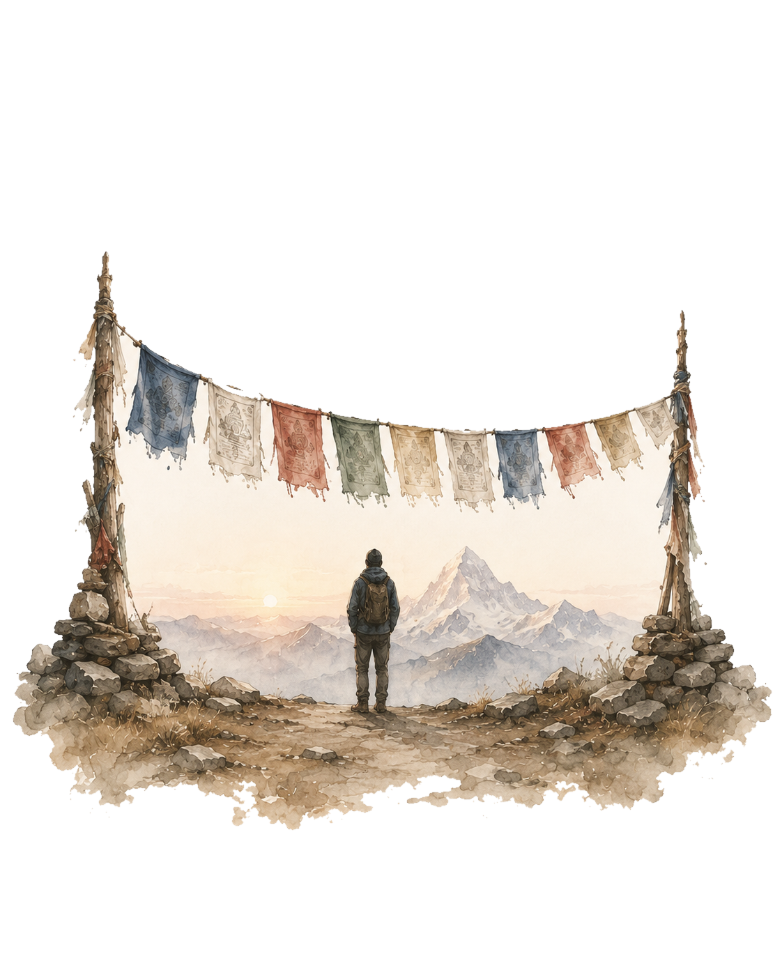 A lone trekker beneath a line of prayer flags, watching the sun rise over the Himalaya