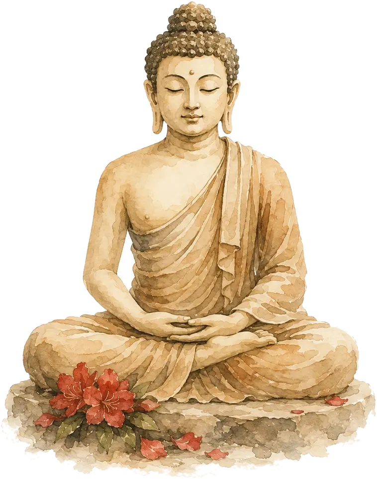 A watercolour of the Buddha seated in serene meditation, a laligurans bloom at his feet