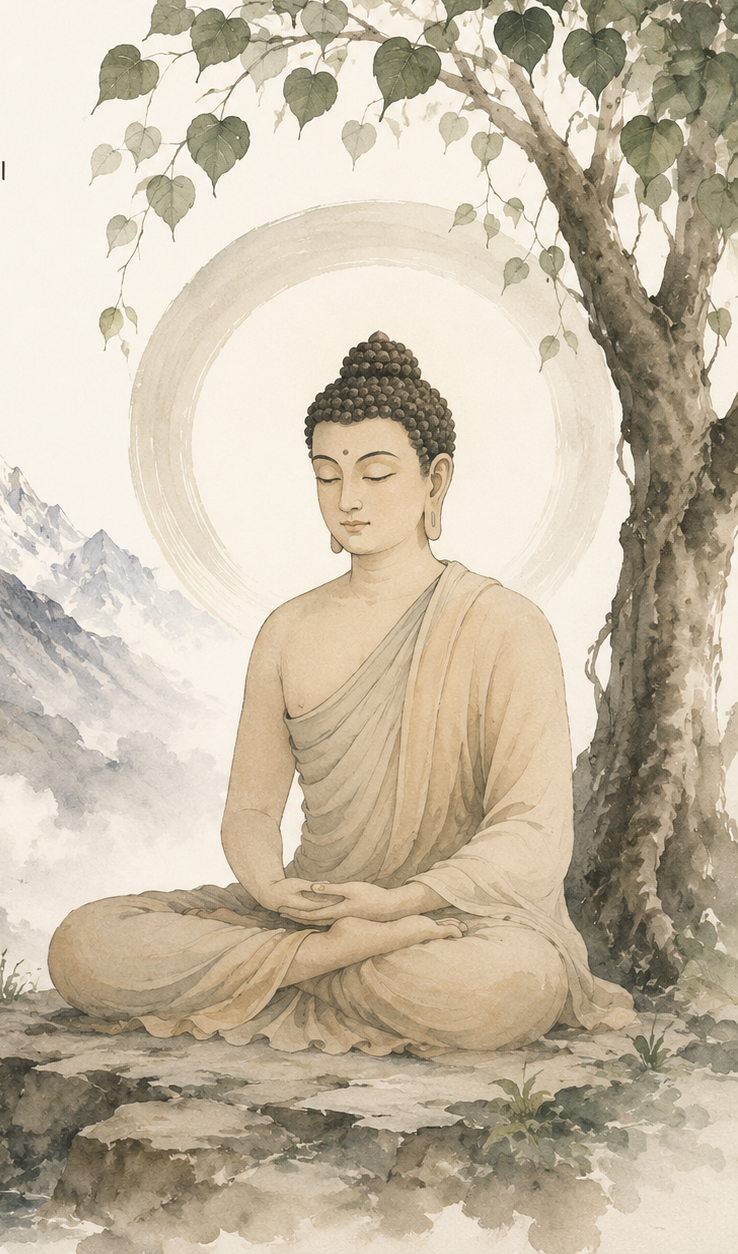 A watercolor Buddha meditating beneath a Bodhi tree