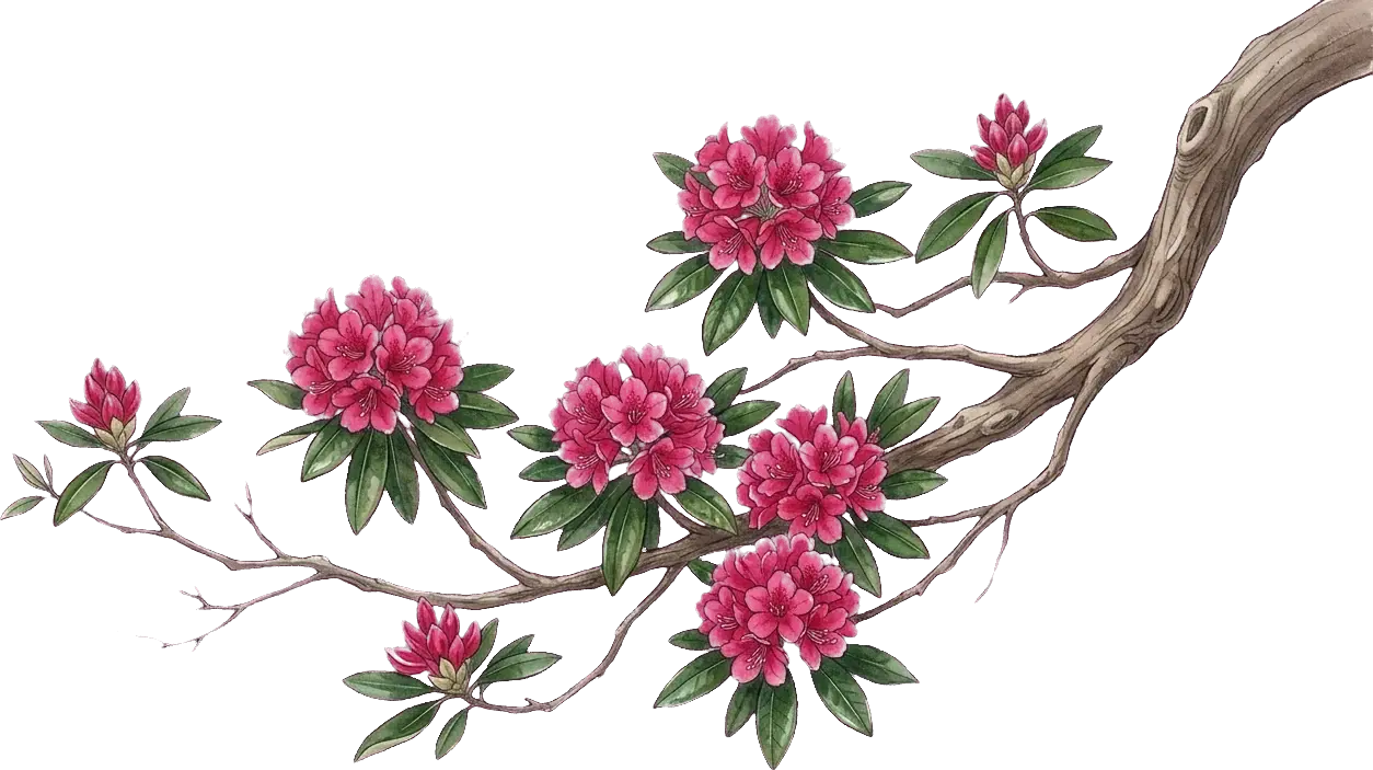 A rhododendron branch in full bloom, heavy with clusters of red laligurans flowers