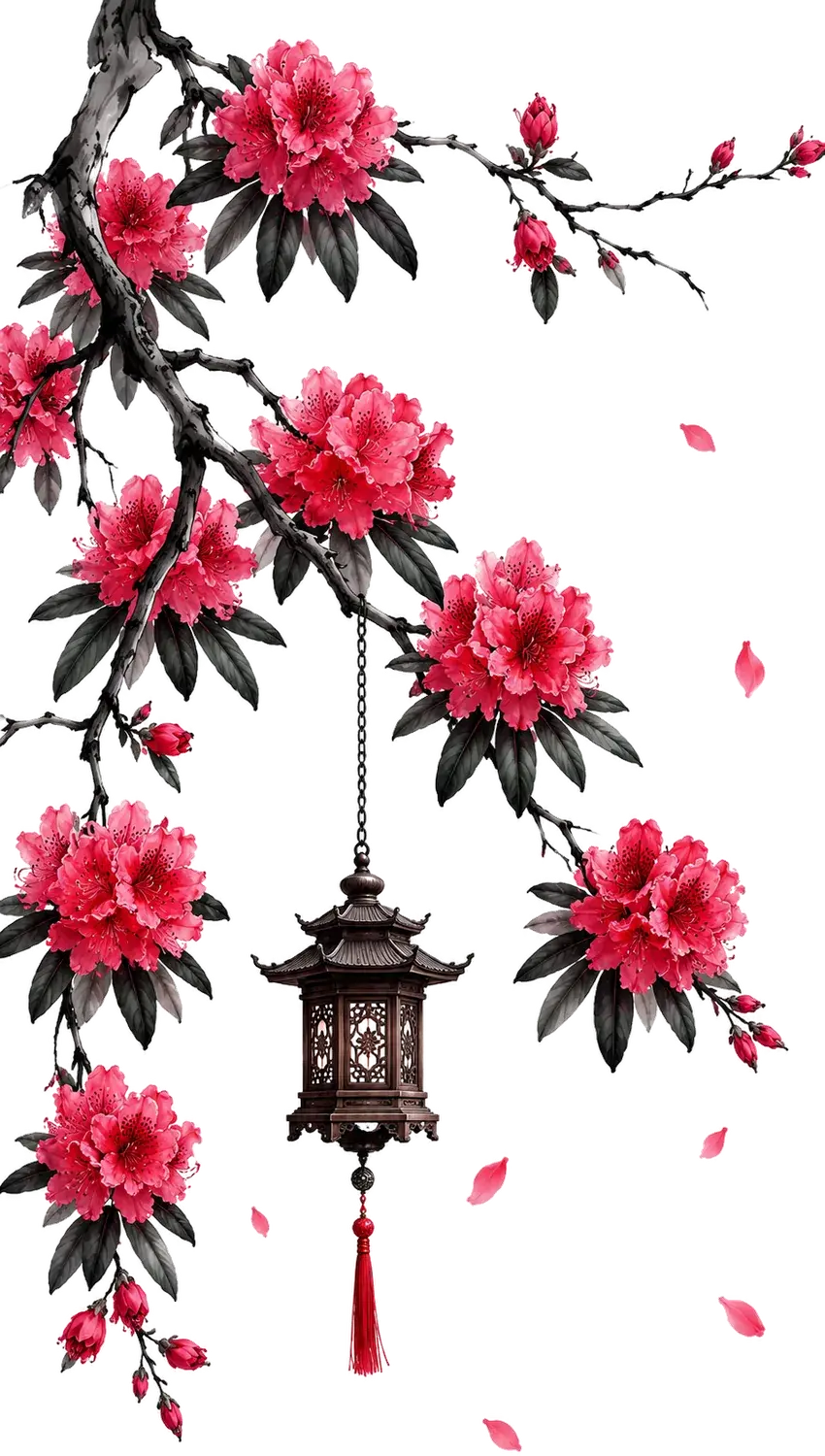 An ink-wash laligurans branch in full bloom with a carved wooden pagoda lantern hanging from it