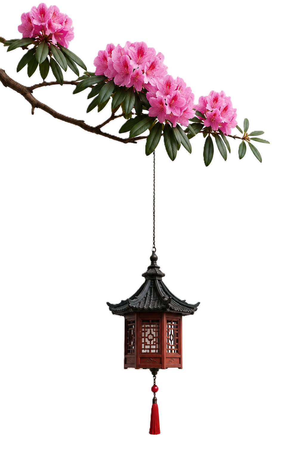 A laligurans branch in bloom with a small wooden pagoda lantern hanging from it