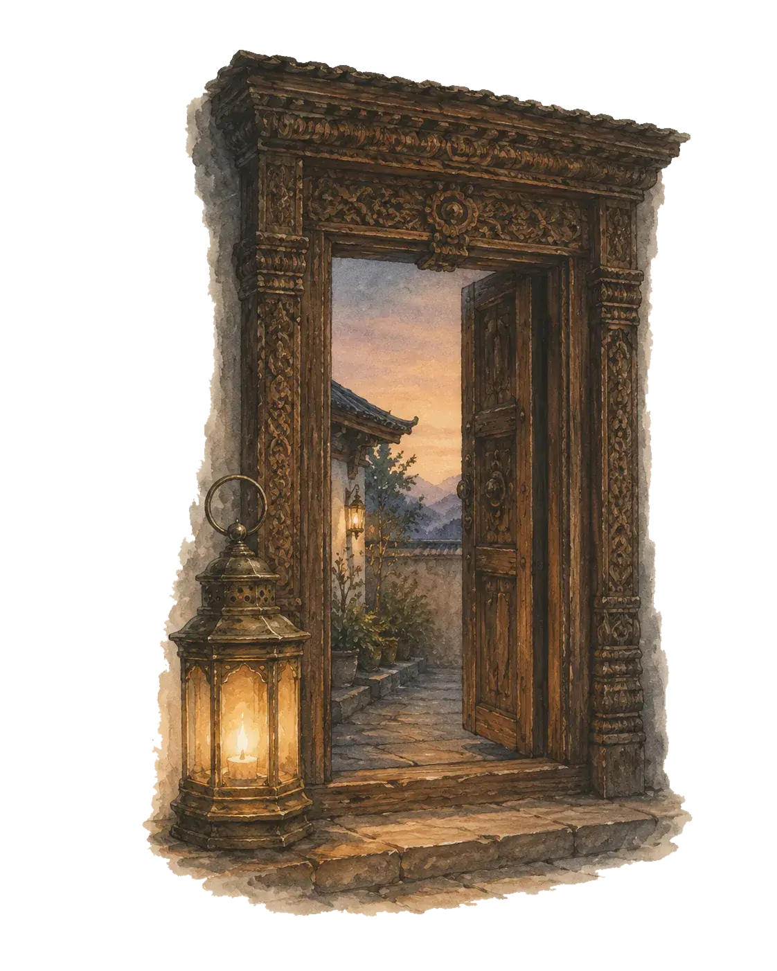 A brass lantern glowing beside an open, carved wooden doorway at dusk, an invitation inward
