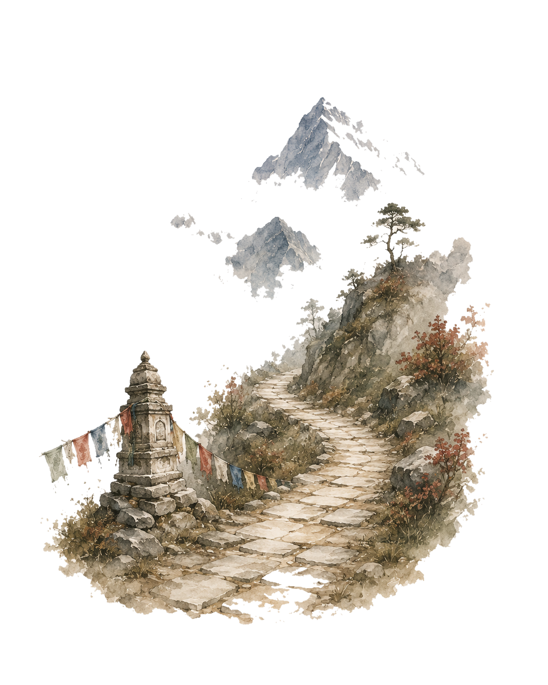 A watercolor of a stone Himalayan footpath winding past a small stupa and prayer flags toward a misty snow peak