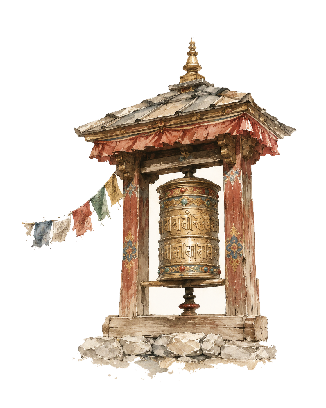 A watercolor of a brass Nepali prayer wheel in a carved wooden shrine, strung with weathered prayer flags