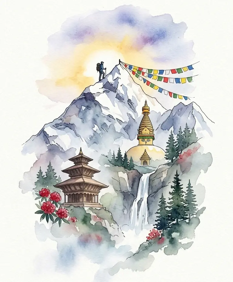 A watercolour of a lone climber on a Himalayan summit beneath a line of prayer flags, a stupa, pagoda, and waterfall in the valley below