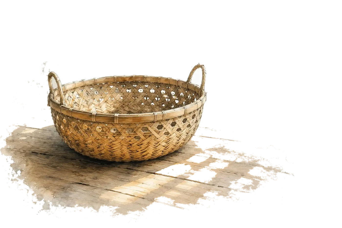 A watercolour of a handwoven bamboo basket