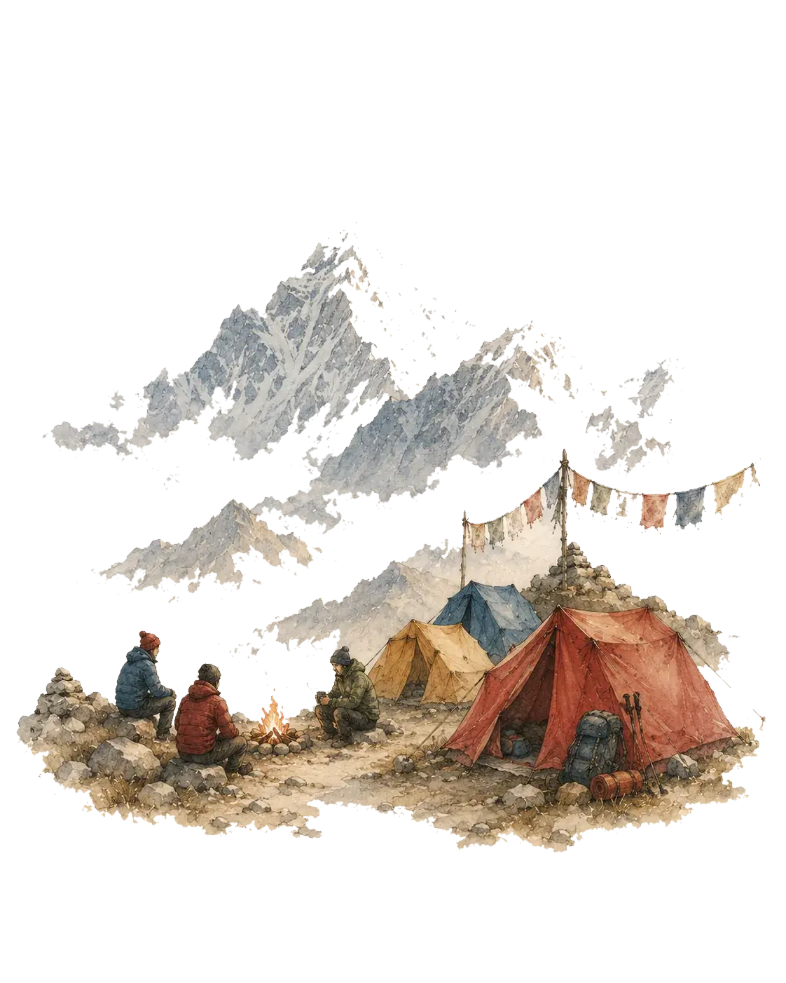 A small crew resting at a Himalayan basecamp with tents, a campfire, and prayer flags beneath misty peaks