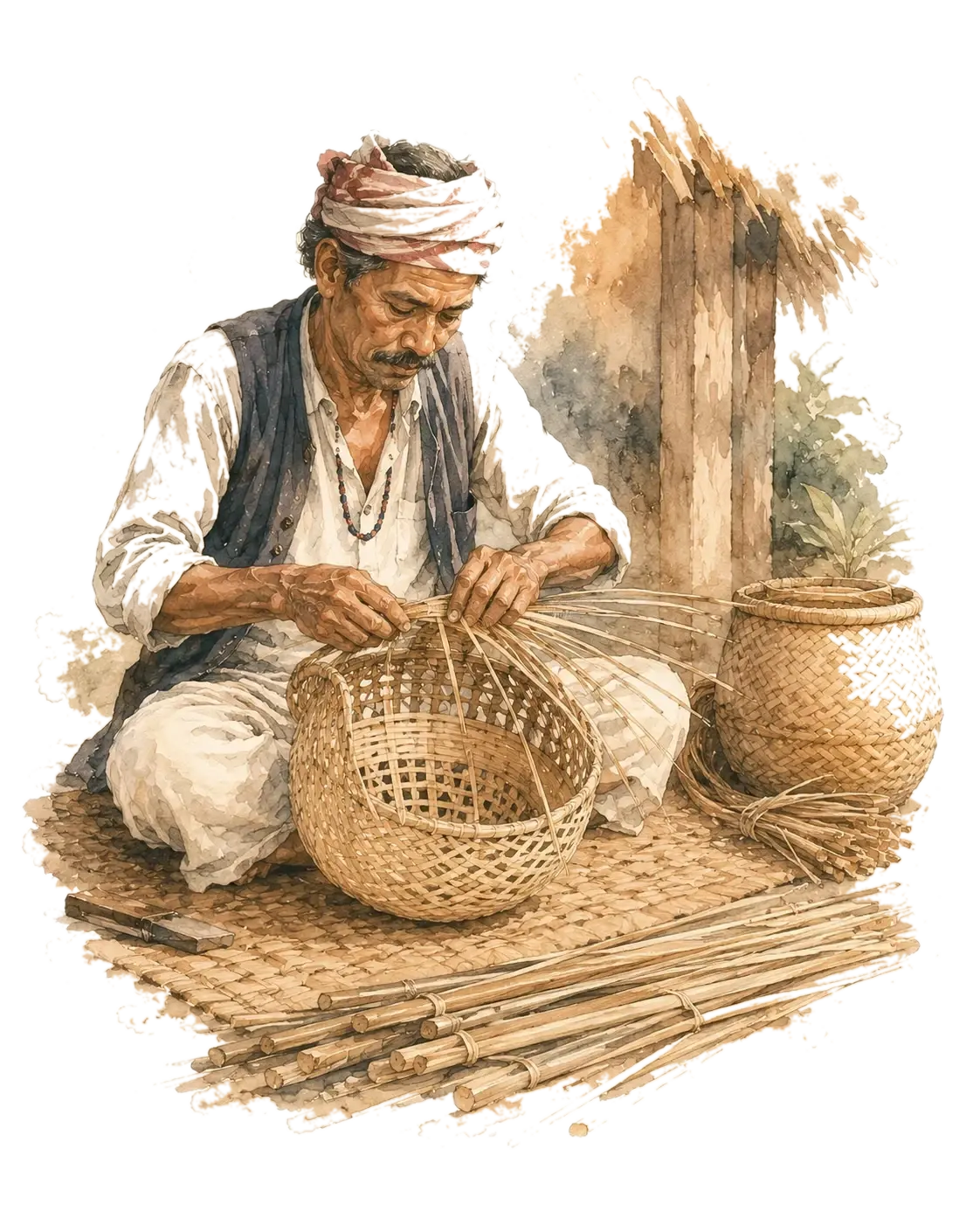 A watercolour of a craftsman weaving a bamboo doko basket
