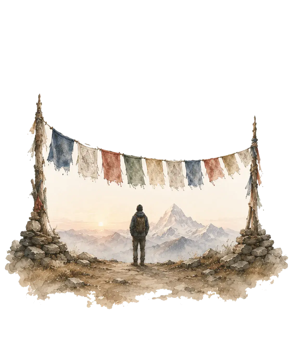 A lone trekker beneath a line of prayer flags, watching the sun rise over the Himalaya
