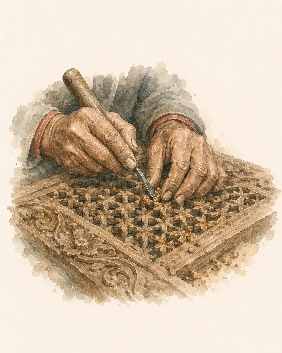 The hands of a Newari woodcarver shaping an intricate lattice panel