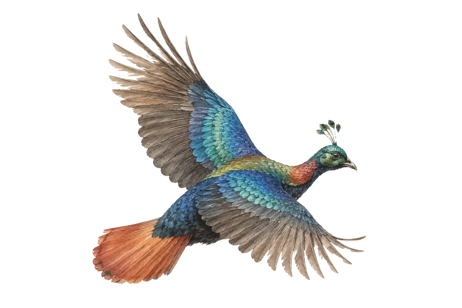 A danphe, the Himalayan monal, in flight with its wings spread
